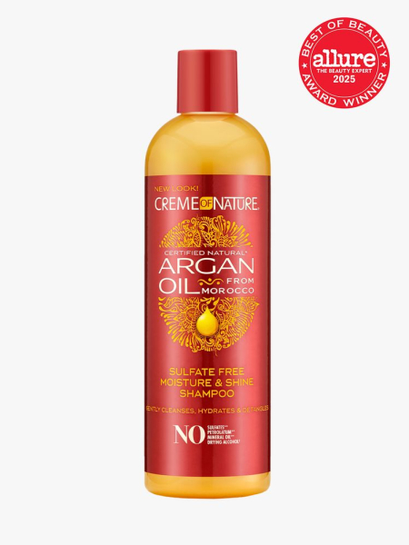 Creme of Nature Argan Oil from Morocco Sulfate-Free Moisture & Shine Shampoo in branded yellow bottle with red cap on light gray background with red Allure Best of Beauty seal in the top right corner